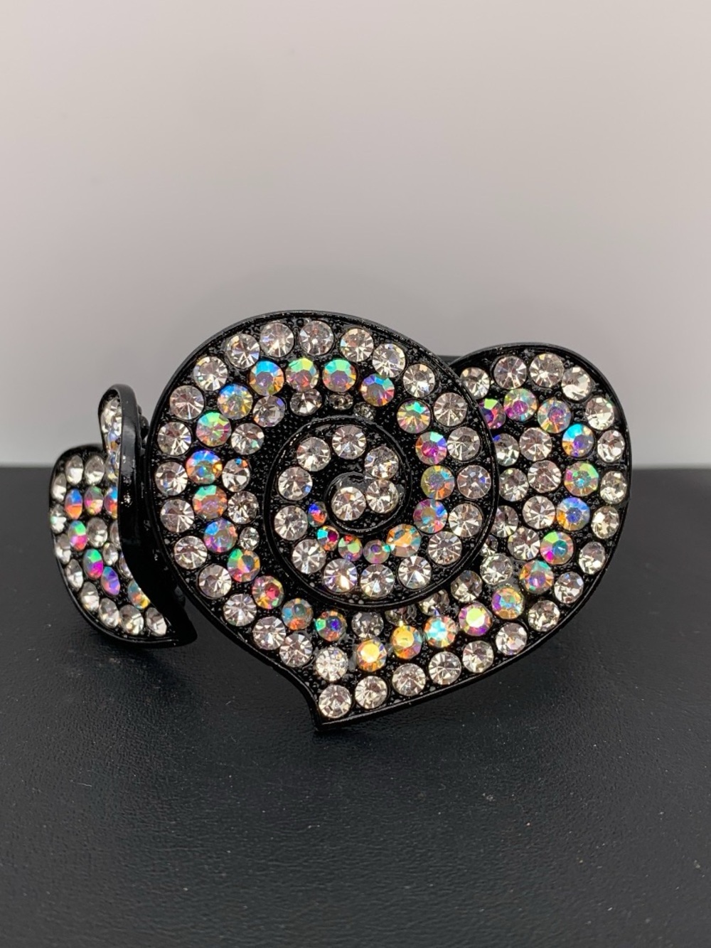 Black Heart Hinged Bangle Bracelet with Aurora Borealis Rhinestones